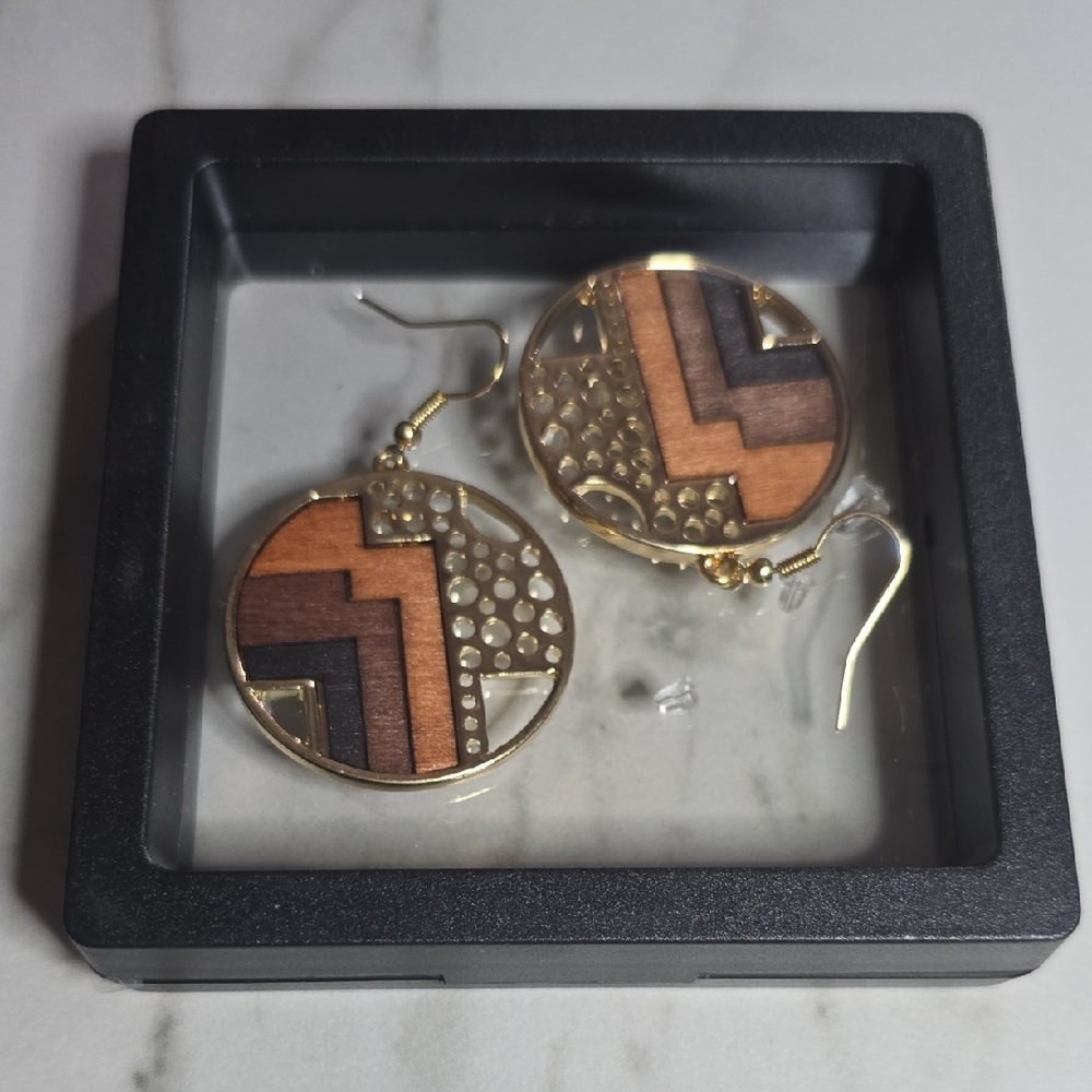 Geometric Gold and Wood Earrings